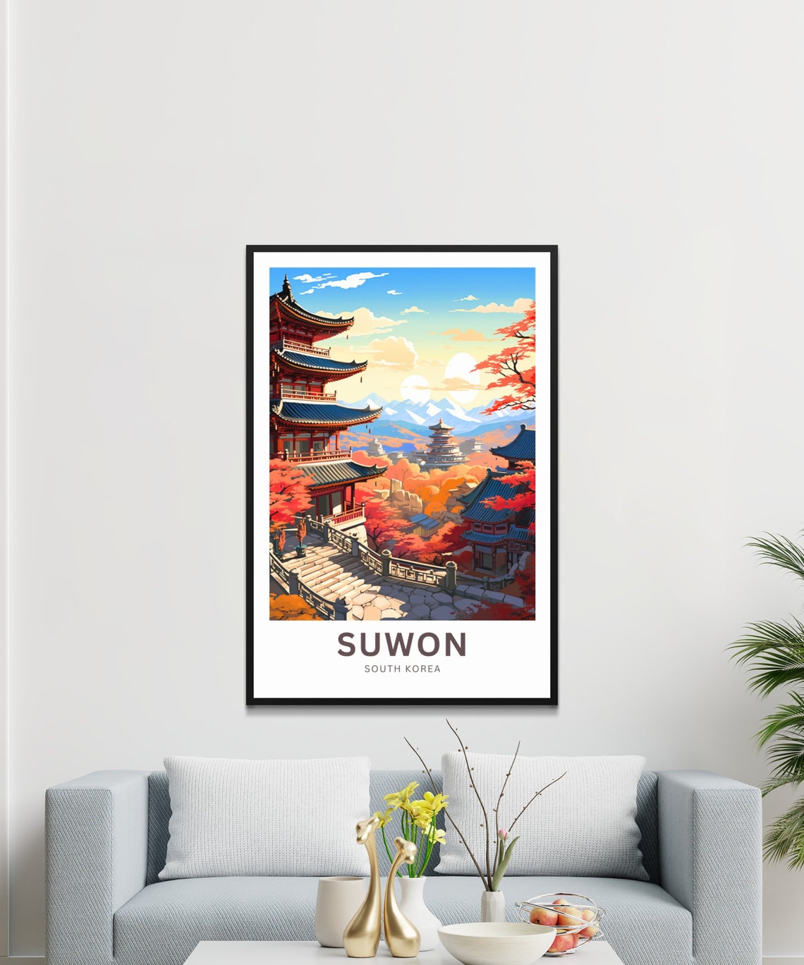Suwon South Korea Autumn Maple Temple Pagoda Sunset Travel Poster - Image 3