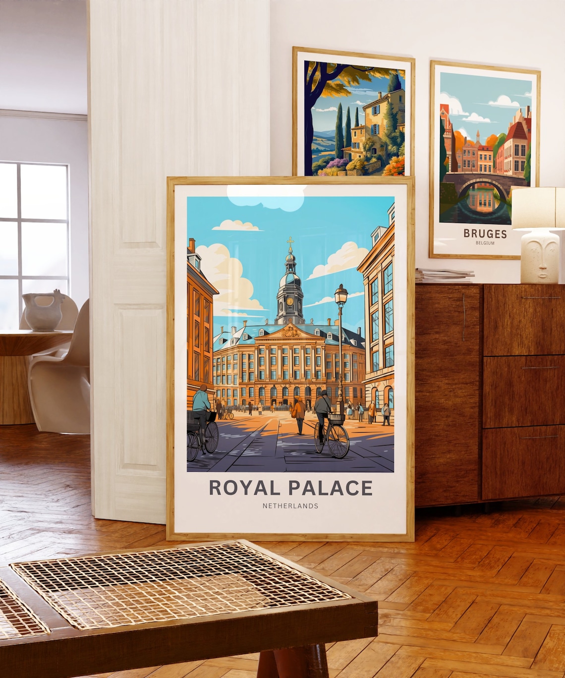 Royal Palace Netherlands Cyclists Street Scene Travel Poster - Image 3