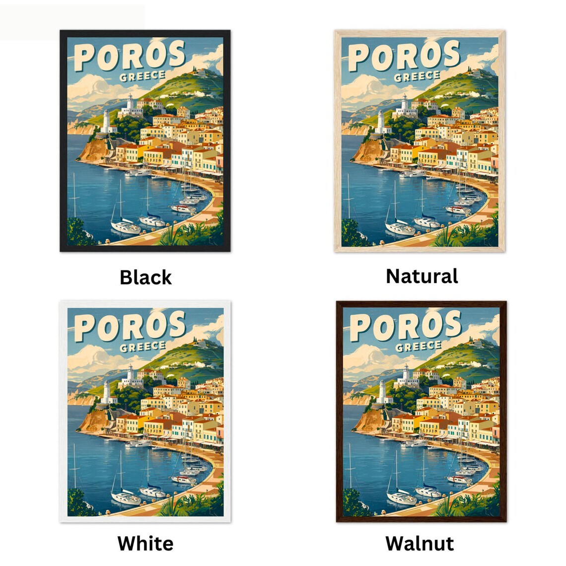 Poros Greece Vintage Sailboat Harbor Curved Bay Travel Poster - Image 2
