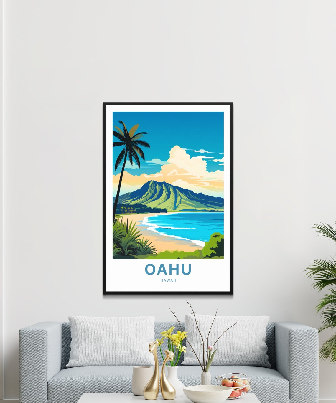 Personalized Oahu Hawaii Palm Silhouette Bay Beach View Poster - Image 3