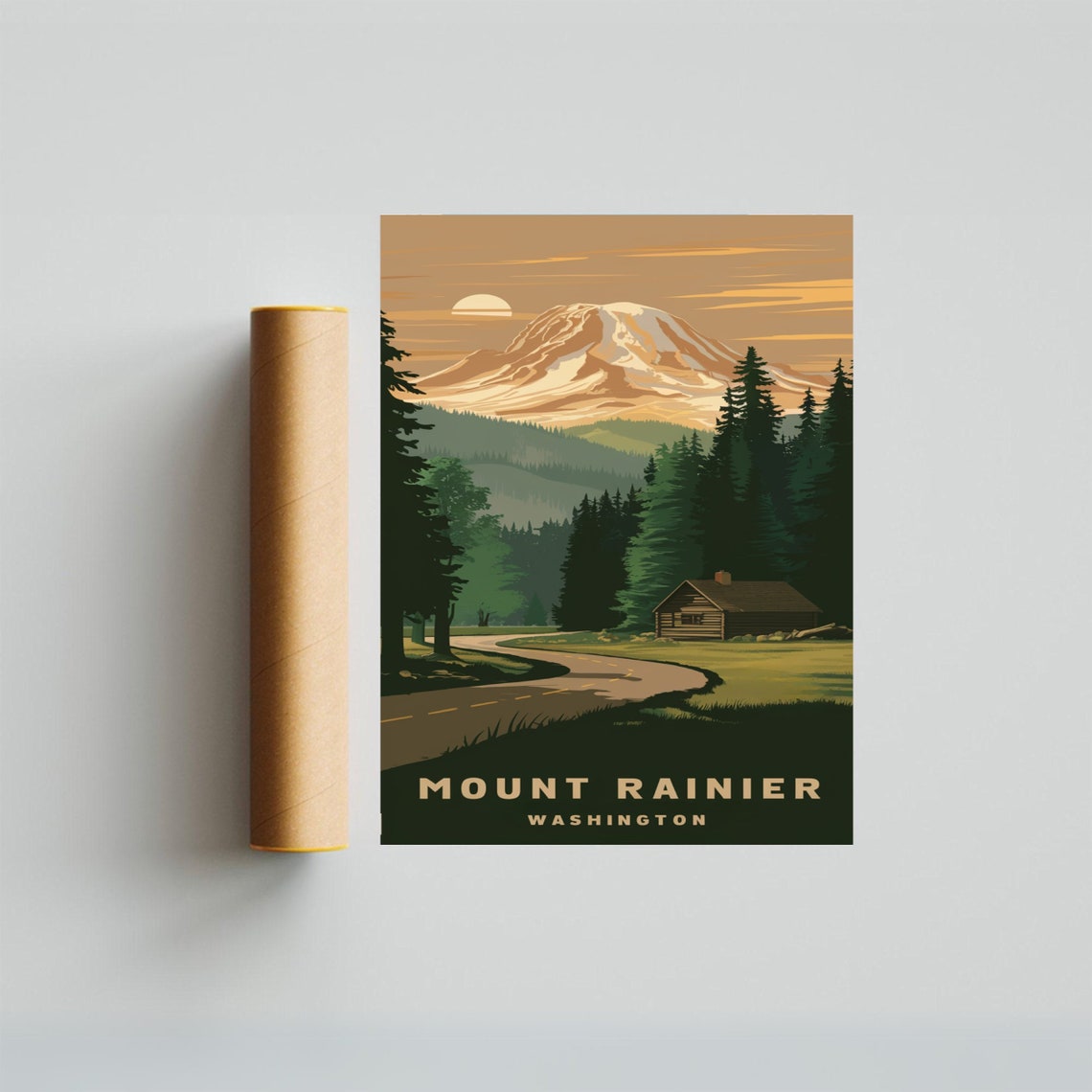 Mount Rainier Washington Retro Poster with Cabin Road and Setting Sun - Image 3
