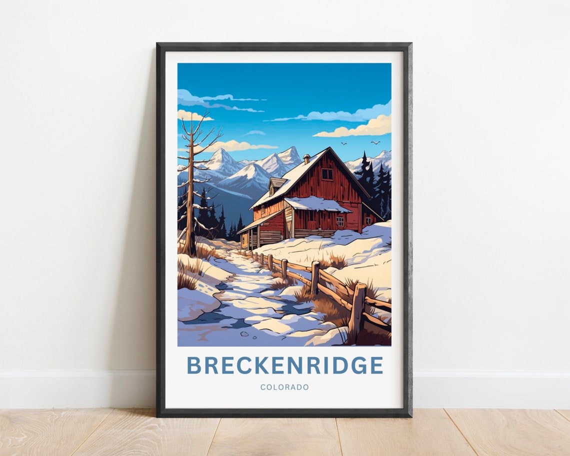 Breckenridge Colorado Red Barn Winter Snow Mountains Travel Poster