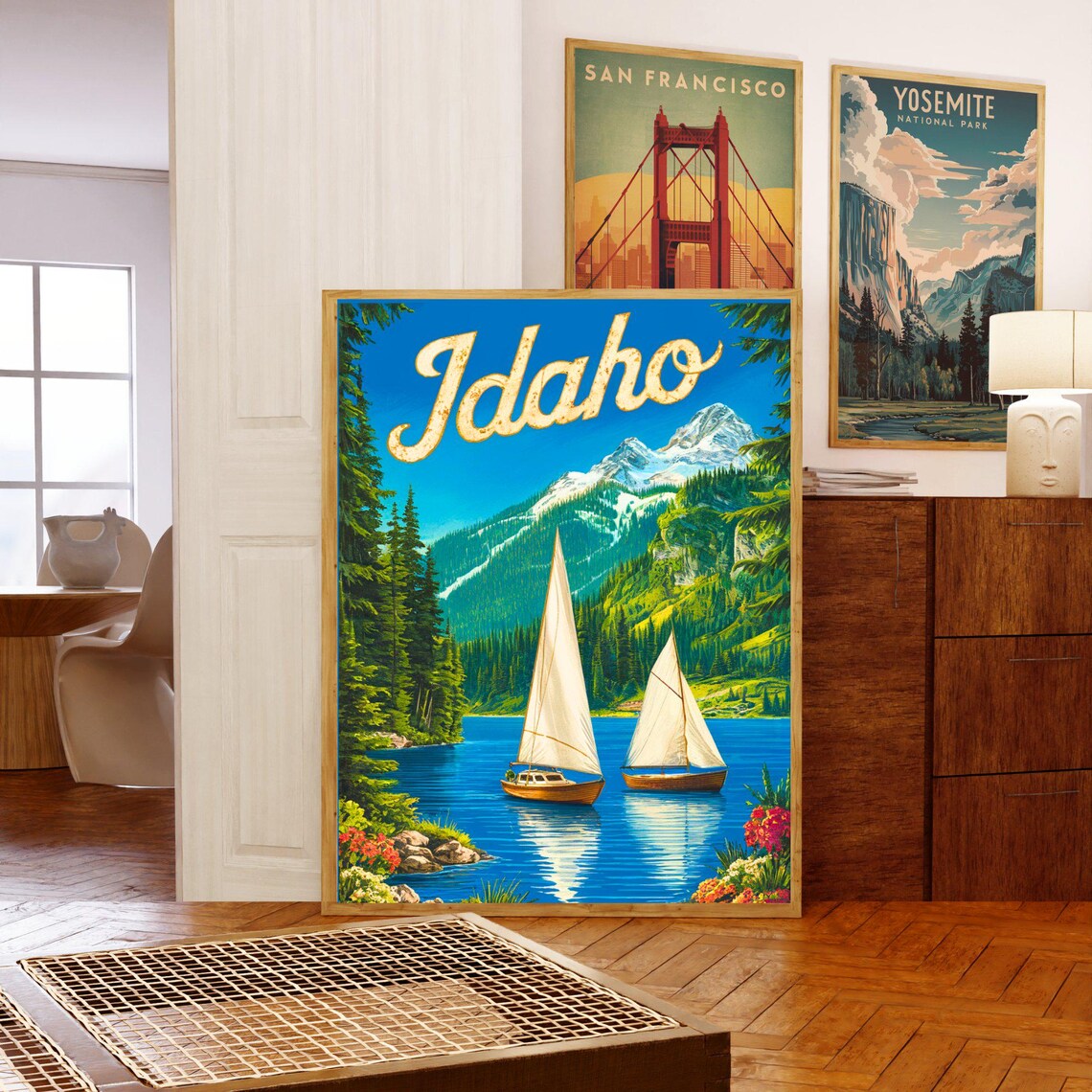 Idaho Vintage Travel Poster Two Sailboats Alpine Lake Snowy Peaks Art - Image 5