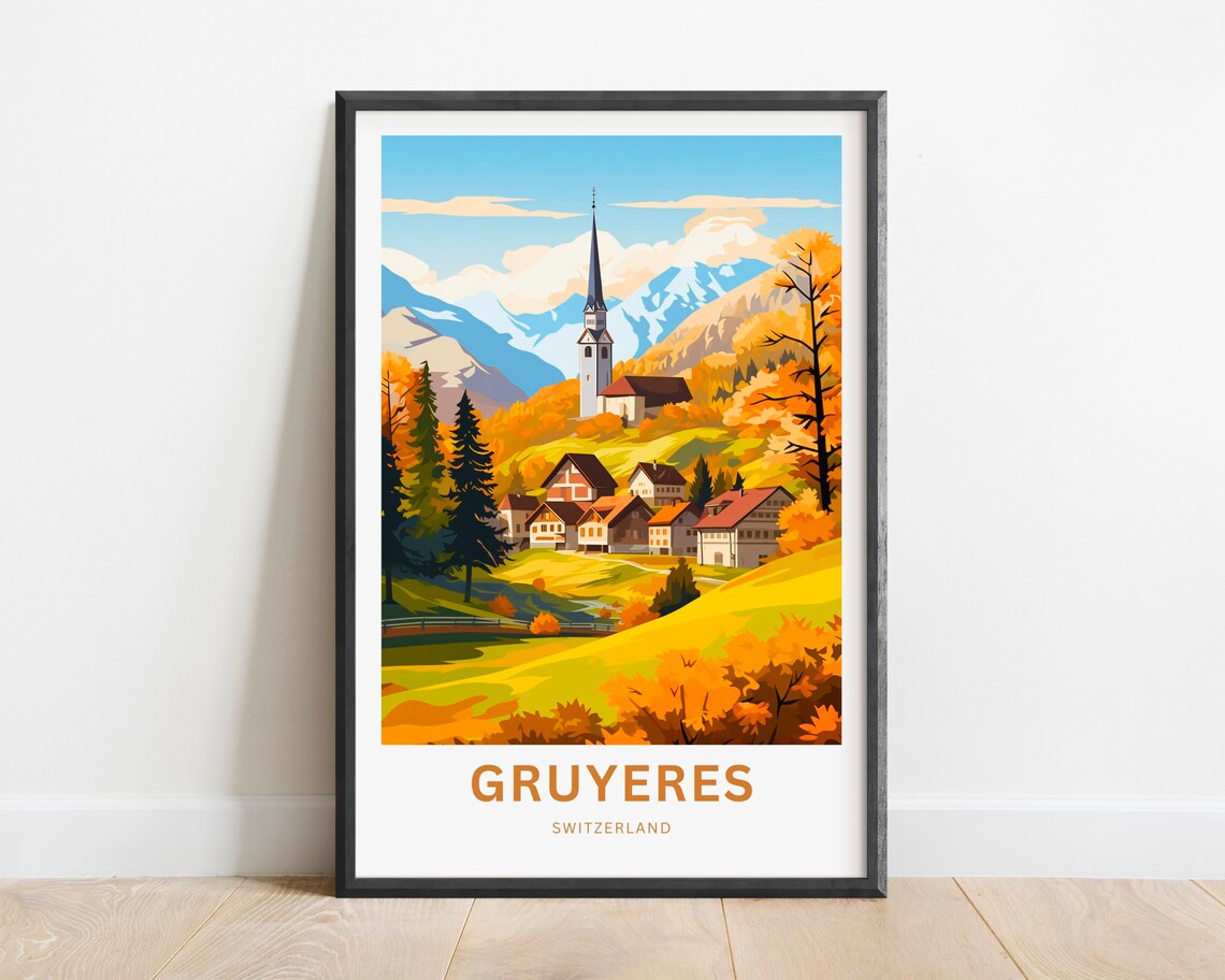 Gruyeres Switzerland Autumn Village Mountain Vintage Travel Poster