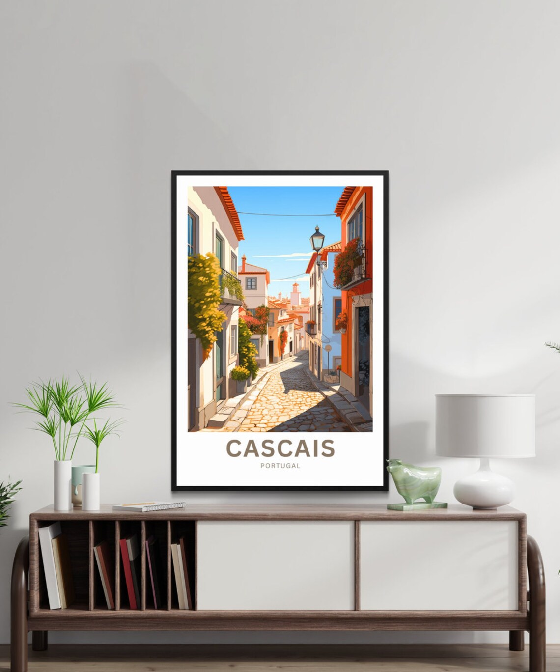 Cascais Portugal Sunny Cobblestone Old Town Street Travel Poster - Image 2