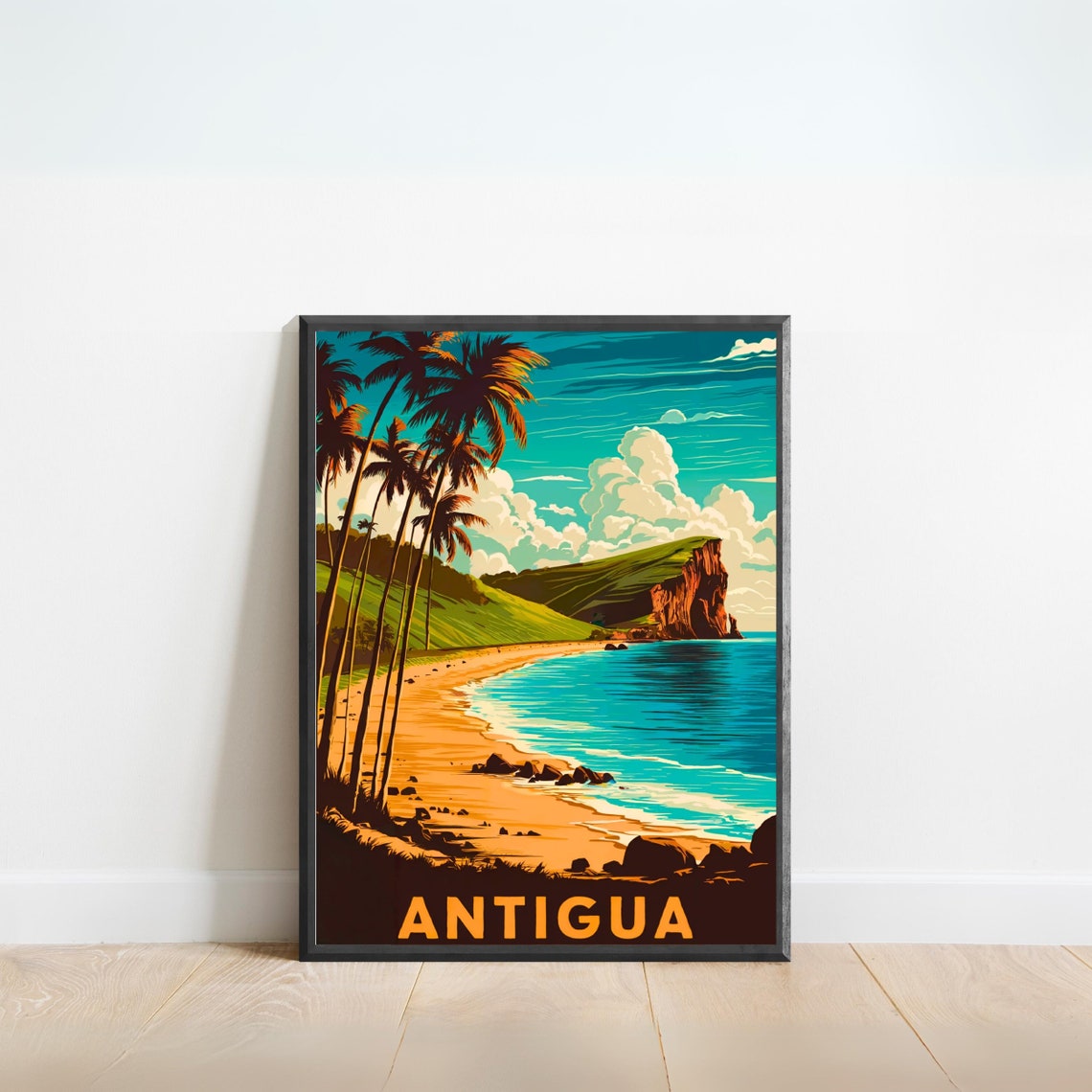 Antigua Vintage Caribbean Palm Beach Golden Cliffs Sunset Poster