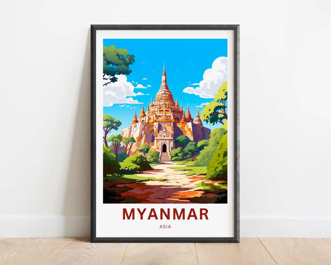 Myanmar Asia Golden Buddhist Temple Among Lush Green Trees Poster