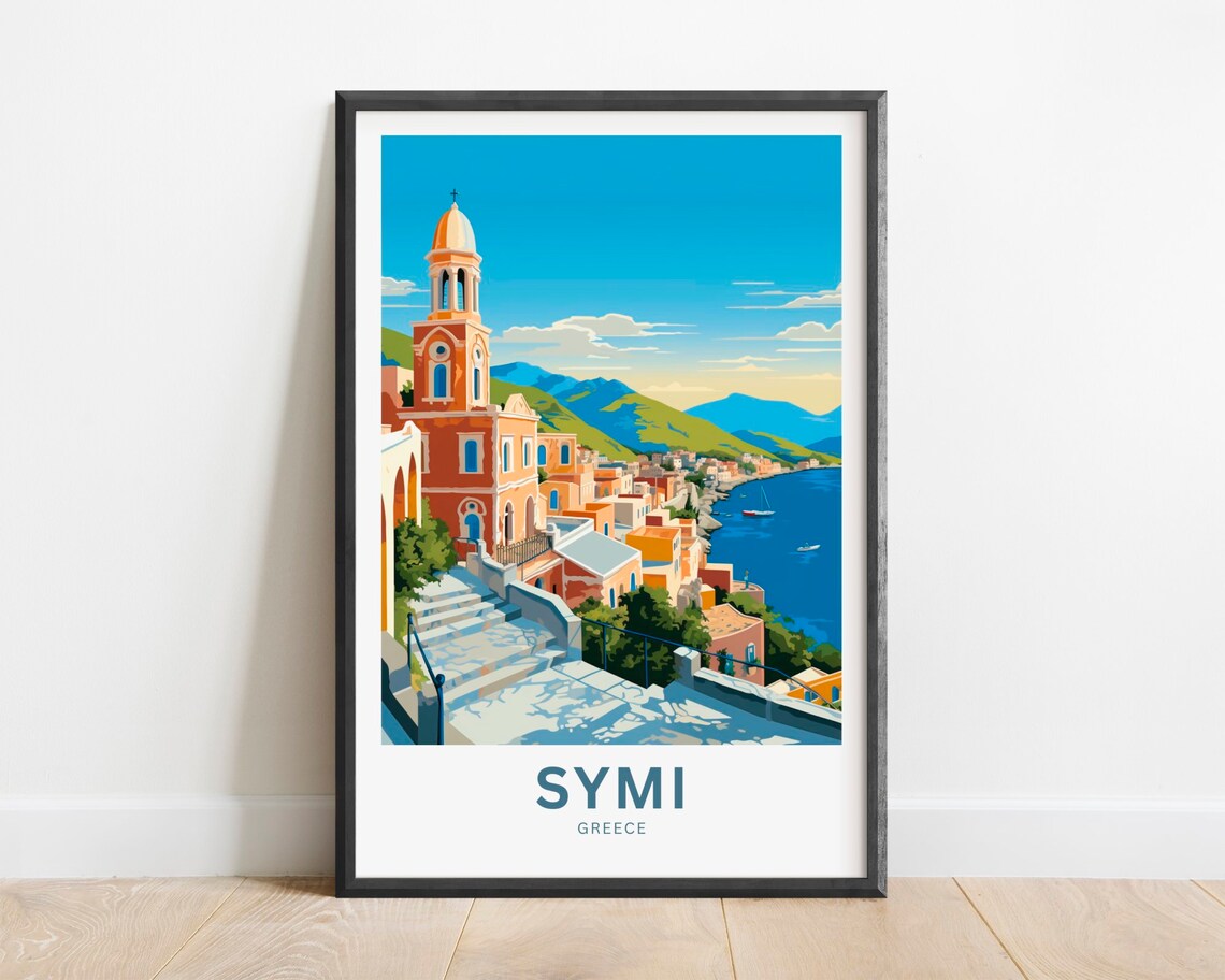Symi Greece Pastel Harbor Town Church Bell Tower Island Poster