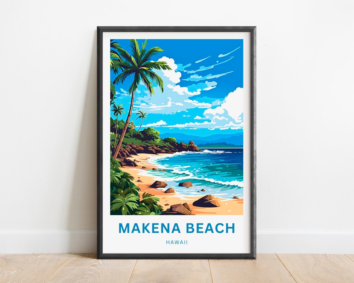 Makena Beach Hawaii Tropical Palm Shore Rocks Surf Travel Poster