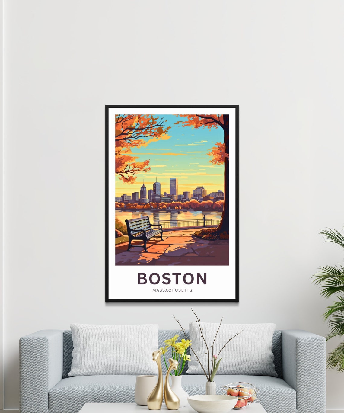 Boston Massachusetts Autumn Sunset Skyline Bench Travel Poster - Image 3