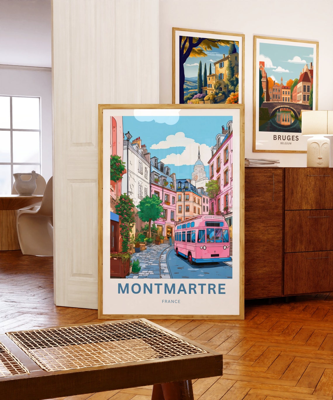 Personalized Montmartre Paris Pink Bus Vintage Street Scene Poster - Image 5