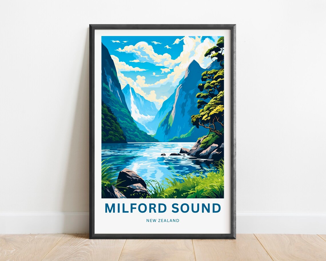 Milford Sound New Zealand Rocky Shore Calm Fjord Vintage Travel Poster