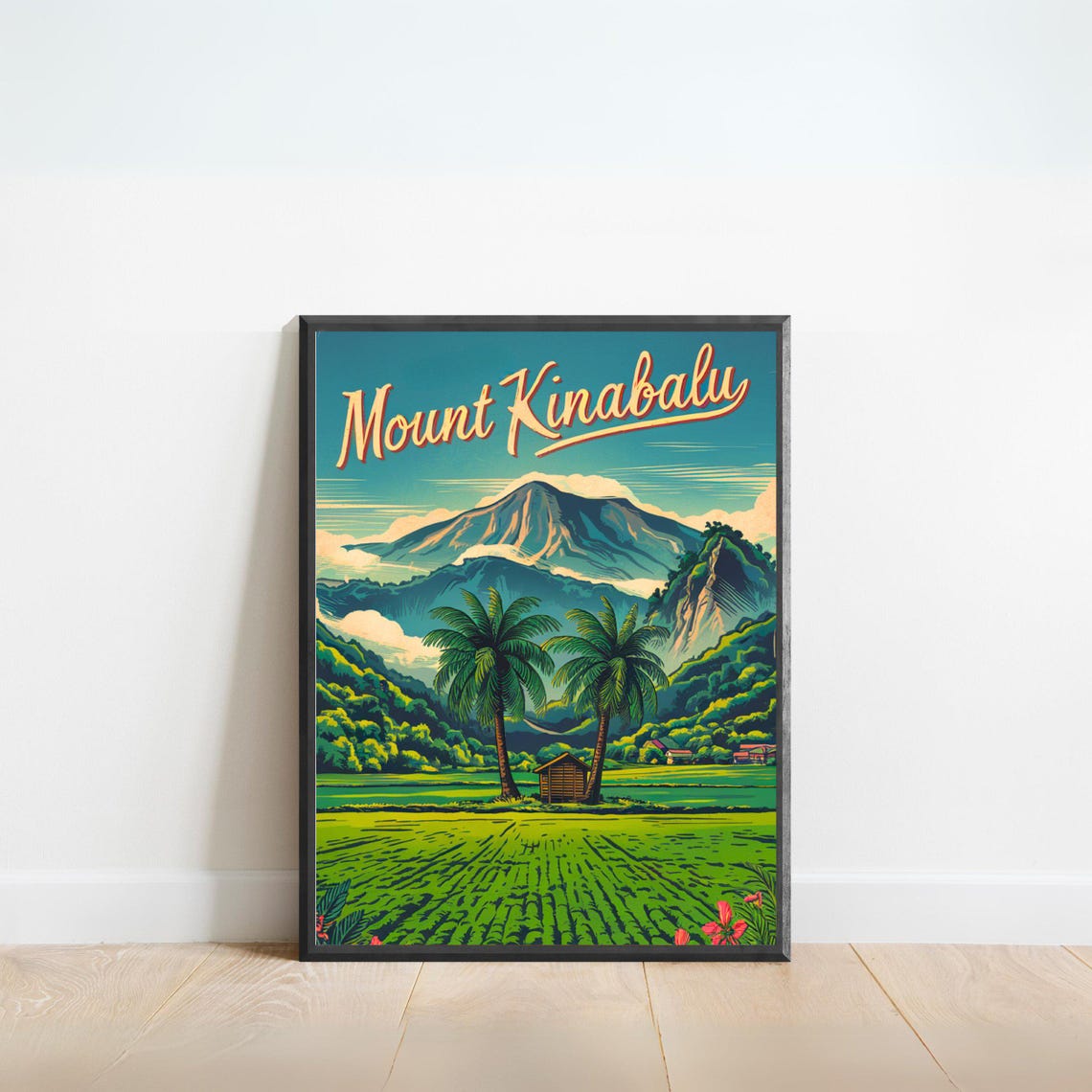 Mount Kinabalu Malaysia Palm Groves Rice Field Travel Poster