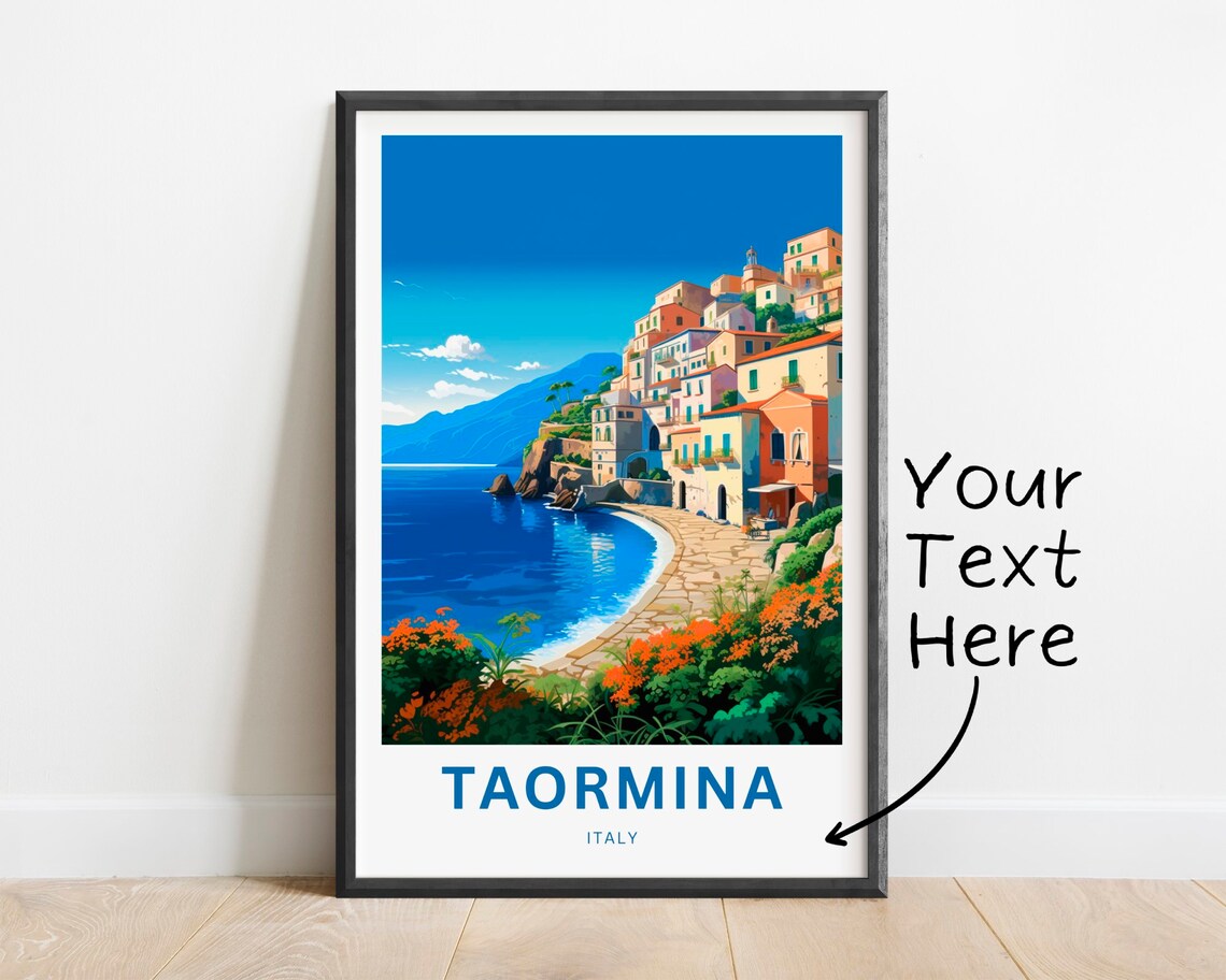 Personalized Taormina Italy Seaside Cove Illustrated Travel Poster