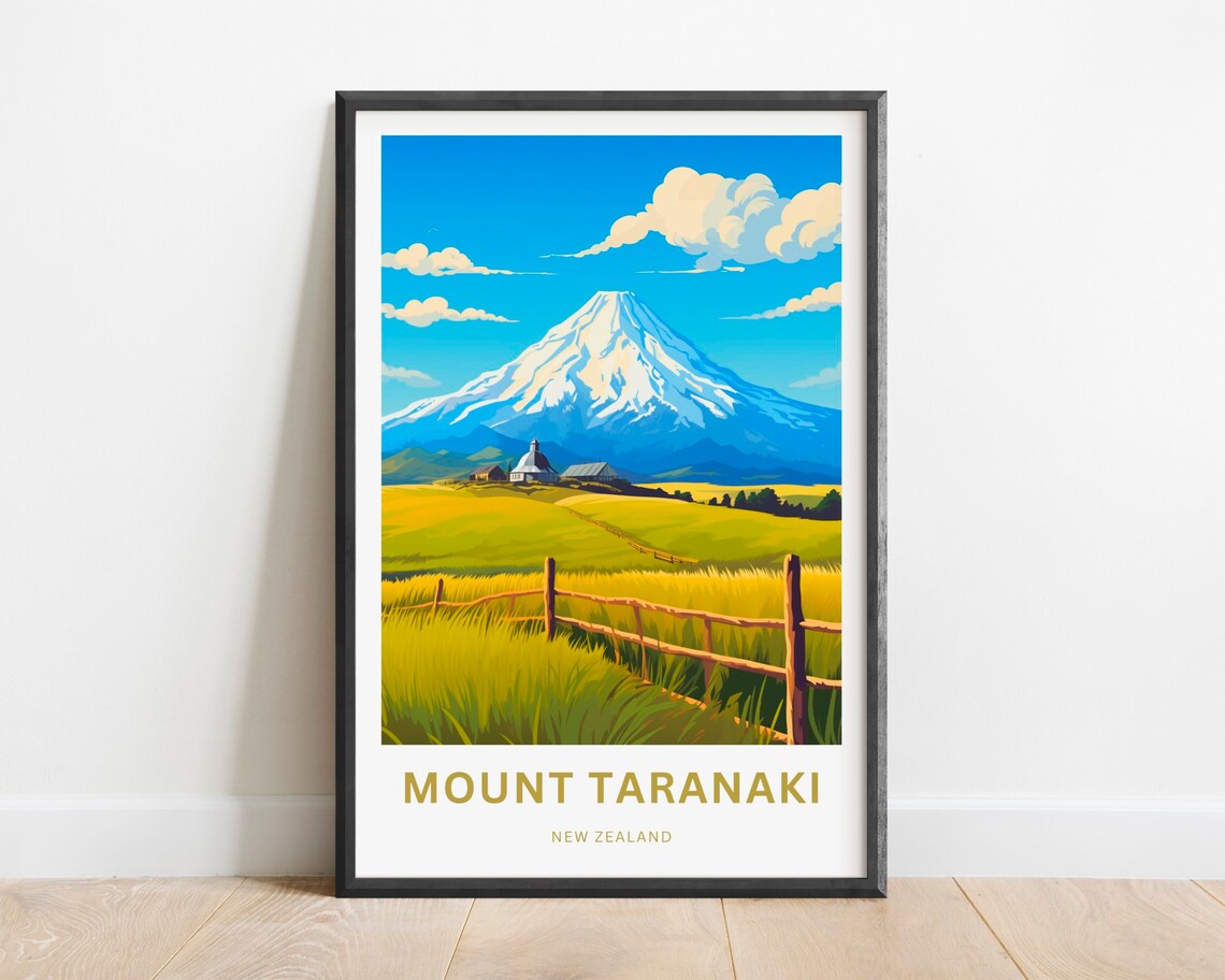 Mount Taranaki New Zealand Snow Capped Volcano Farmhouse Poster