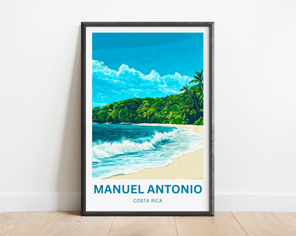 Manuel Antonio Costa Rica Travel Poster Beach Waves Palm Art Decor