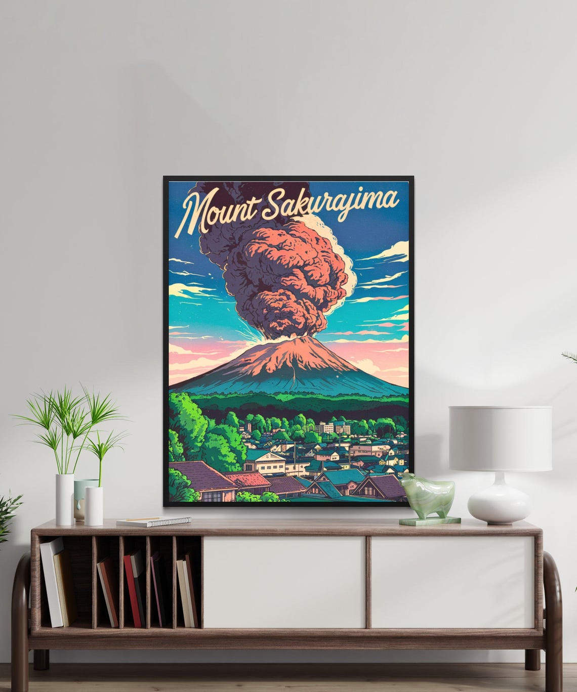 Mount Sakurajima Japan Dramatic Eruption Over Town Sunset Poster - Image 2