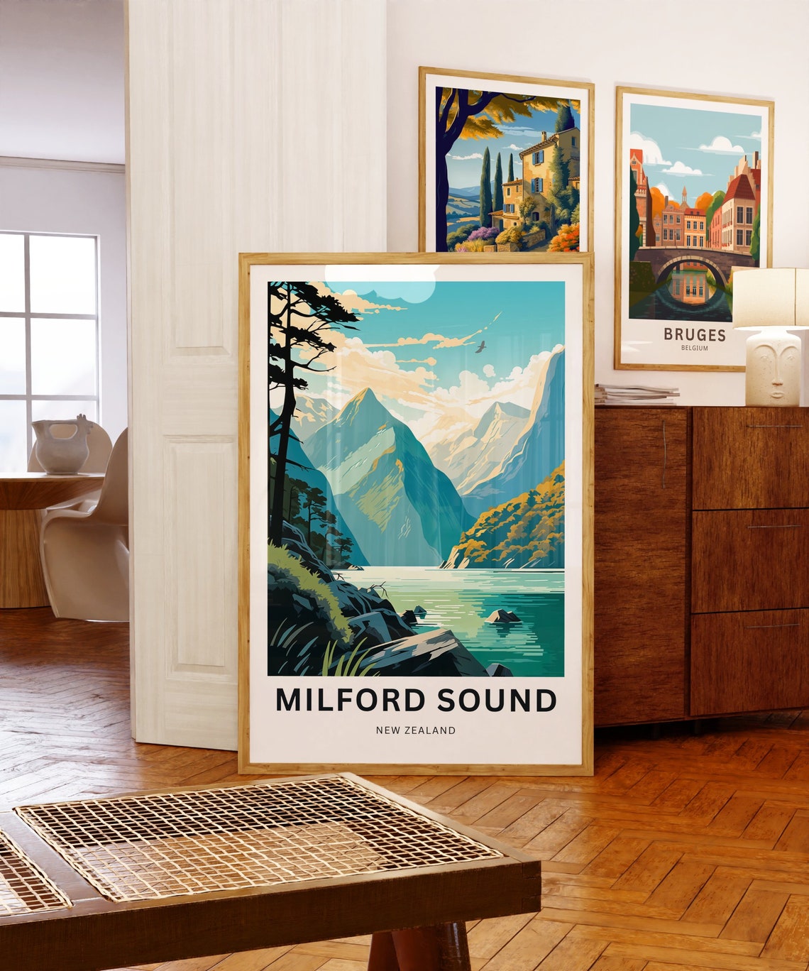 Milford Sound New Zealand Fjord Peaks Pine Tree Vintage Travel Poster - Image 5