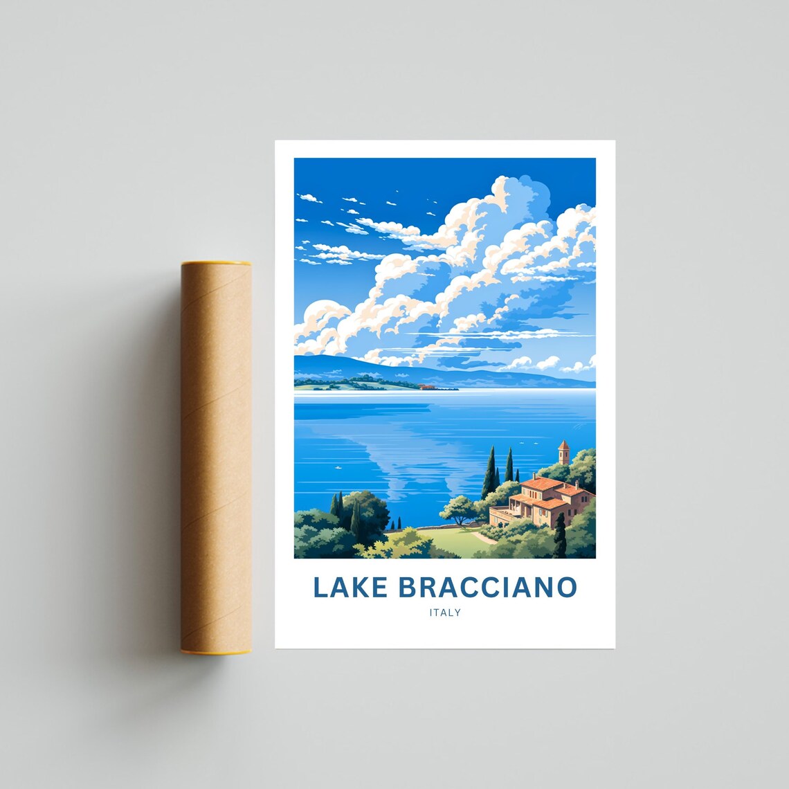 Lake Bracciano Blue Hills Cypress Villa Lakeside Italy Poster - Image 4