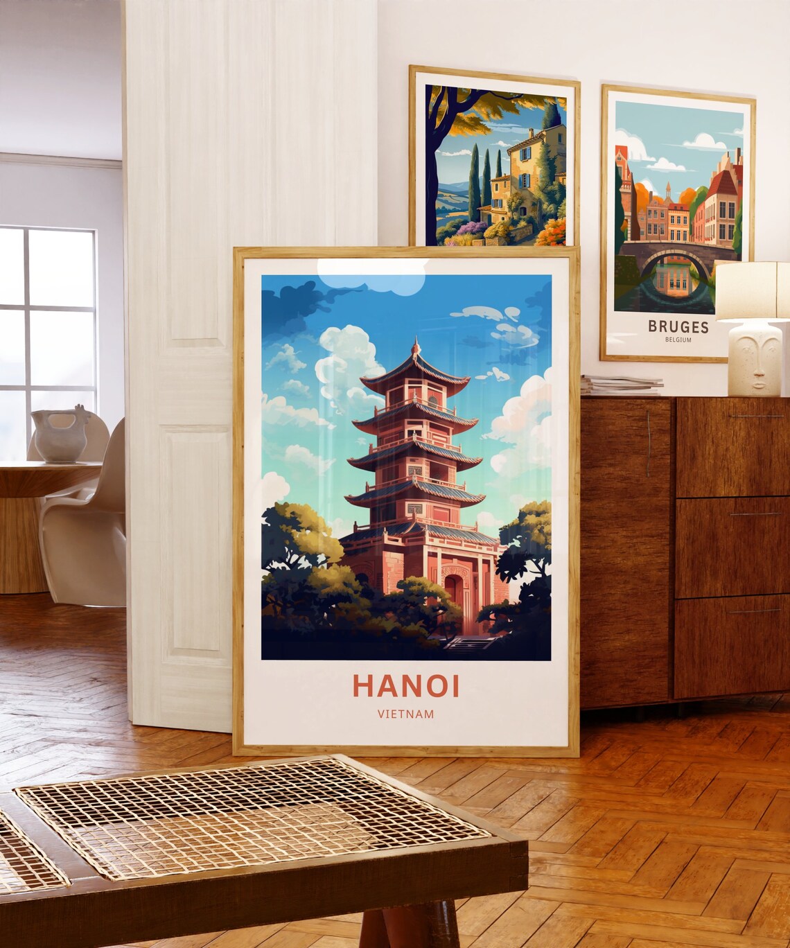 Hanoi Vietnam Red Tiered Pagoda Temple Golden Sky Travel Poster - Image 5