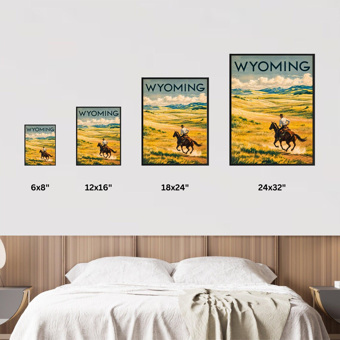 Wyoming Vintage Cowboy on Horseback Golden Plains Scene Travel Poster - Image 3