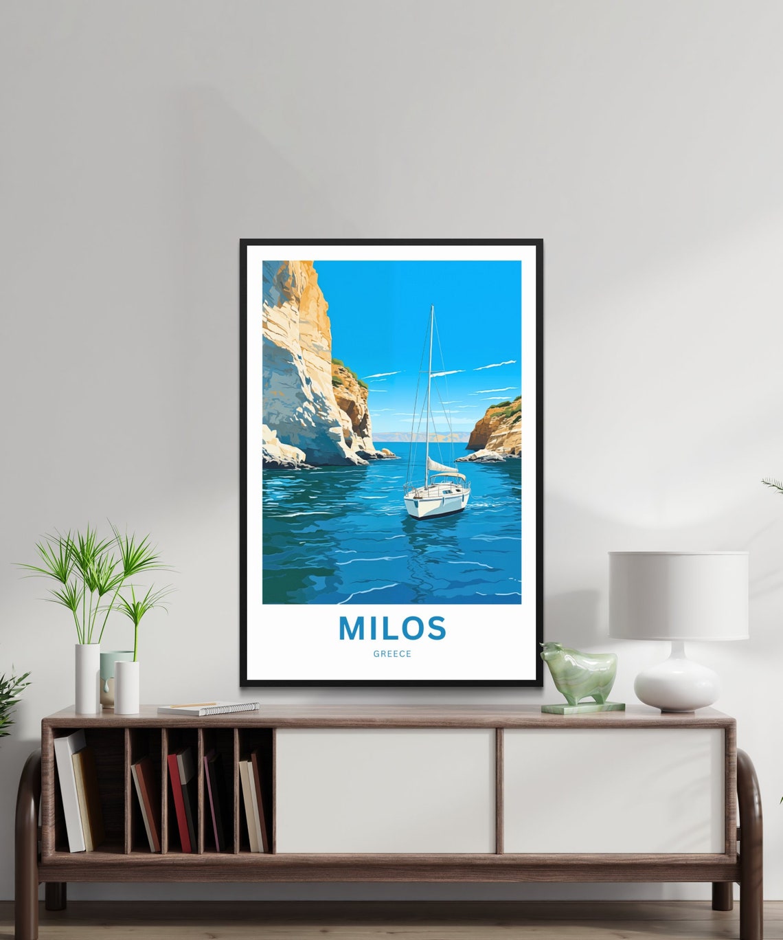 Milos Greece Personalized Sailboat Blue Bay Cliffs Travel Poster - Image 2