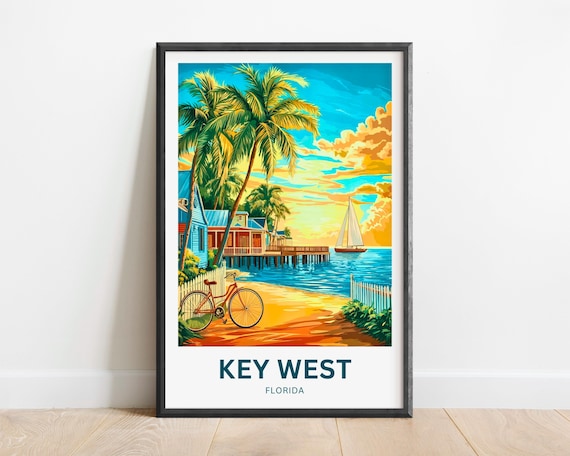 Key West Florida Sunset Palm Sailboat Beach Golden Travel Poster