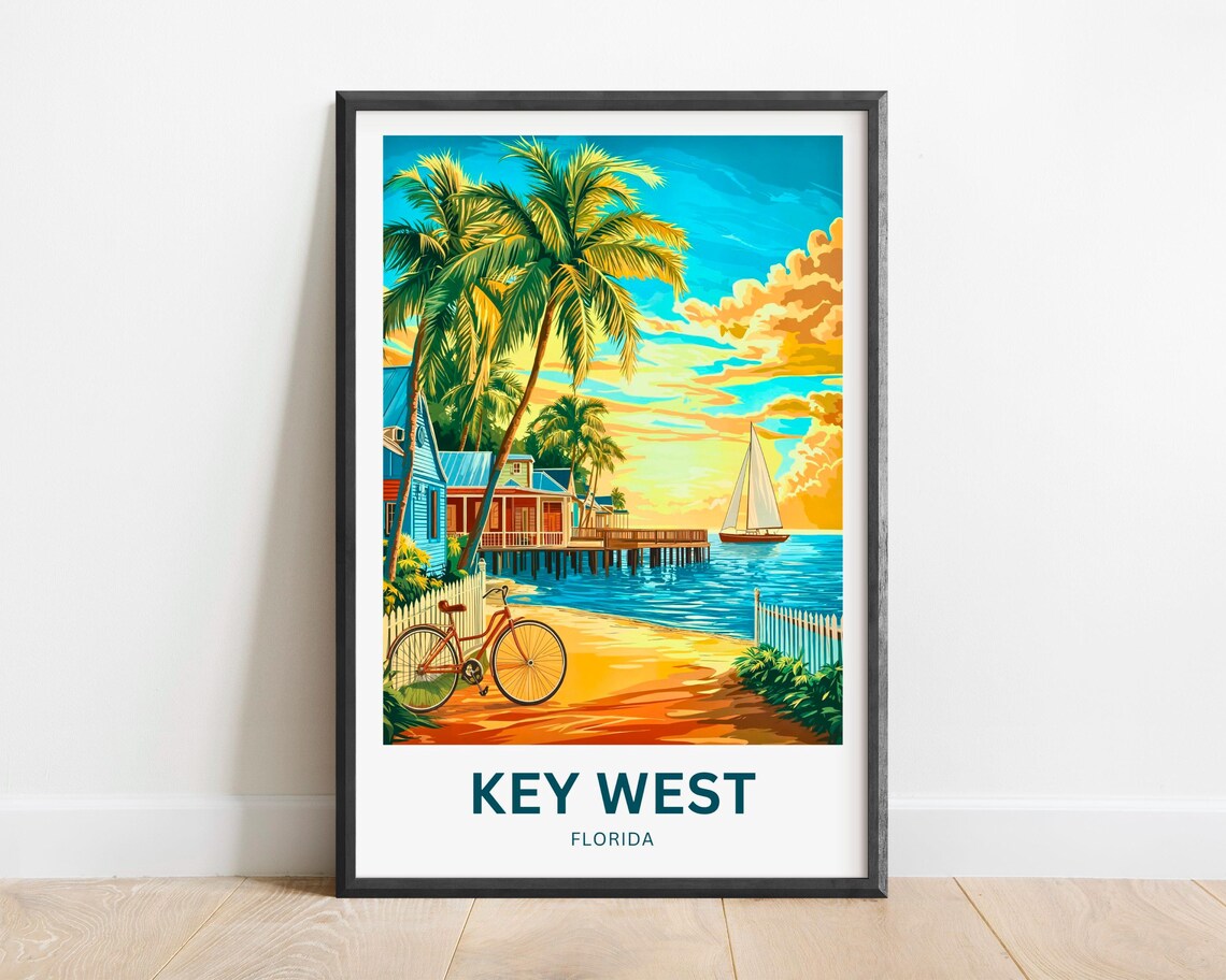 Key West Florida Sunset Palm Sailboat Beach Golden Travel Poster