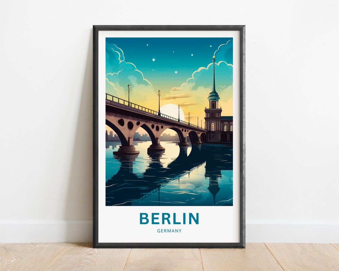 Berlin Germany Sunset Bridge River Tower Silhouette Travel Poster