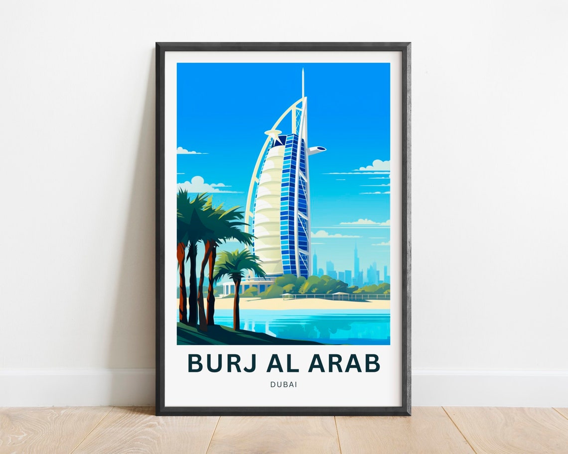 Burj Al Arab Dubai Sail Hotel Beach Palms Vintage Travel Poster
