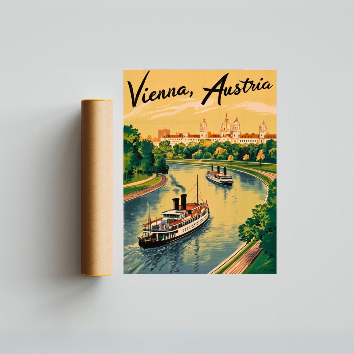 Vienna Austria Vintage Danube Steamboat Golden Script Travel Poster - Image 4