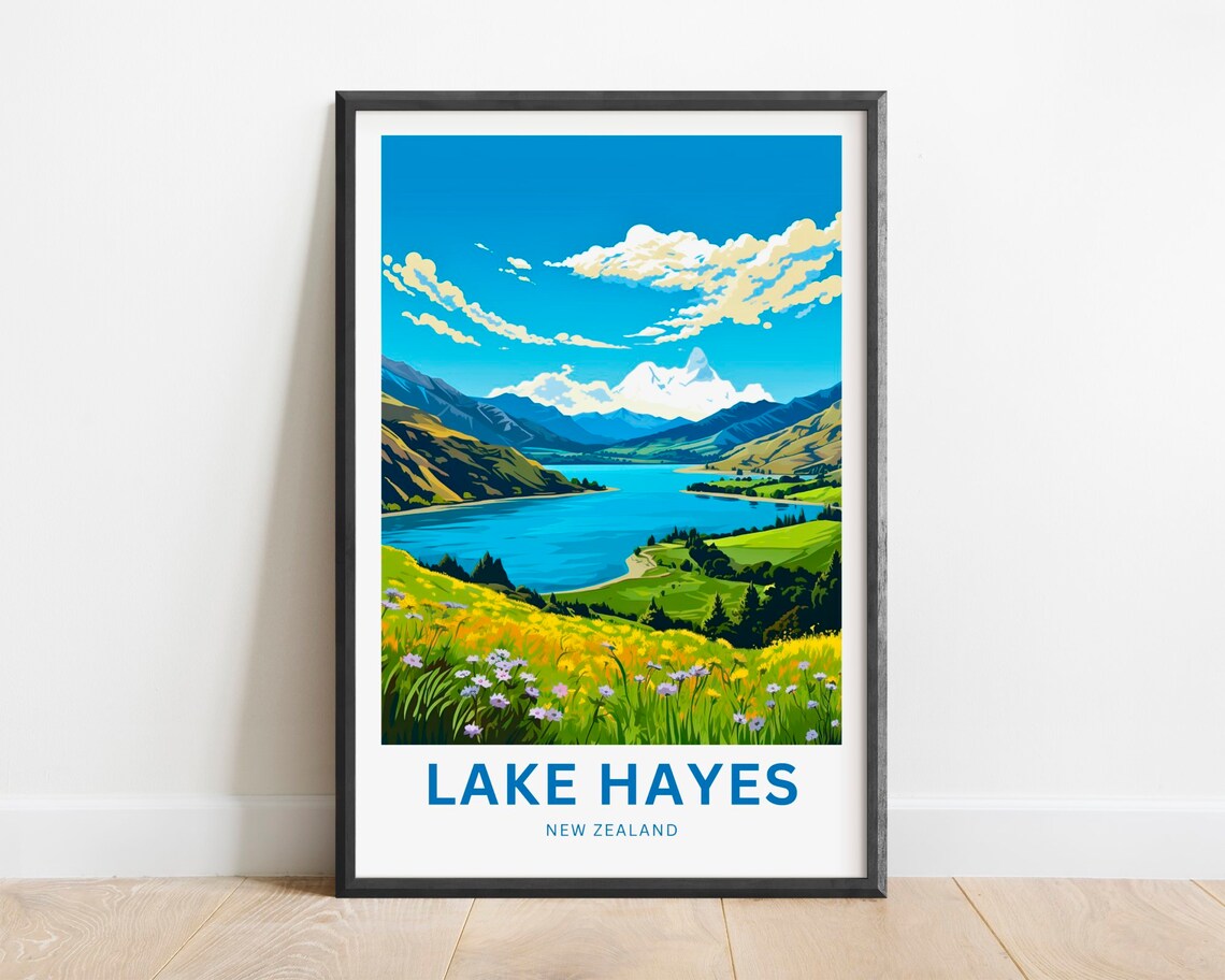 Lake Hayes New Zealand Snowcapped Peak Alpine Meadow Poster Art