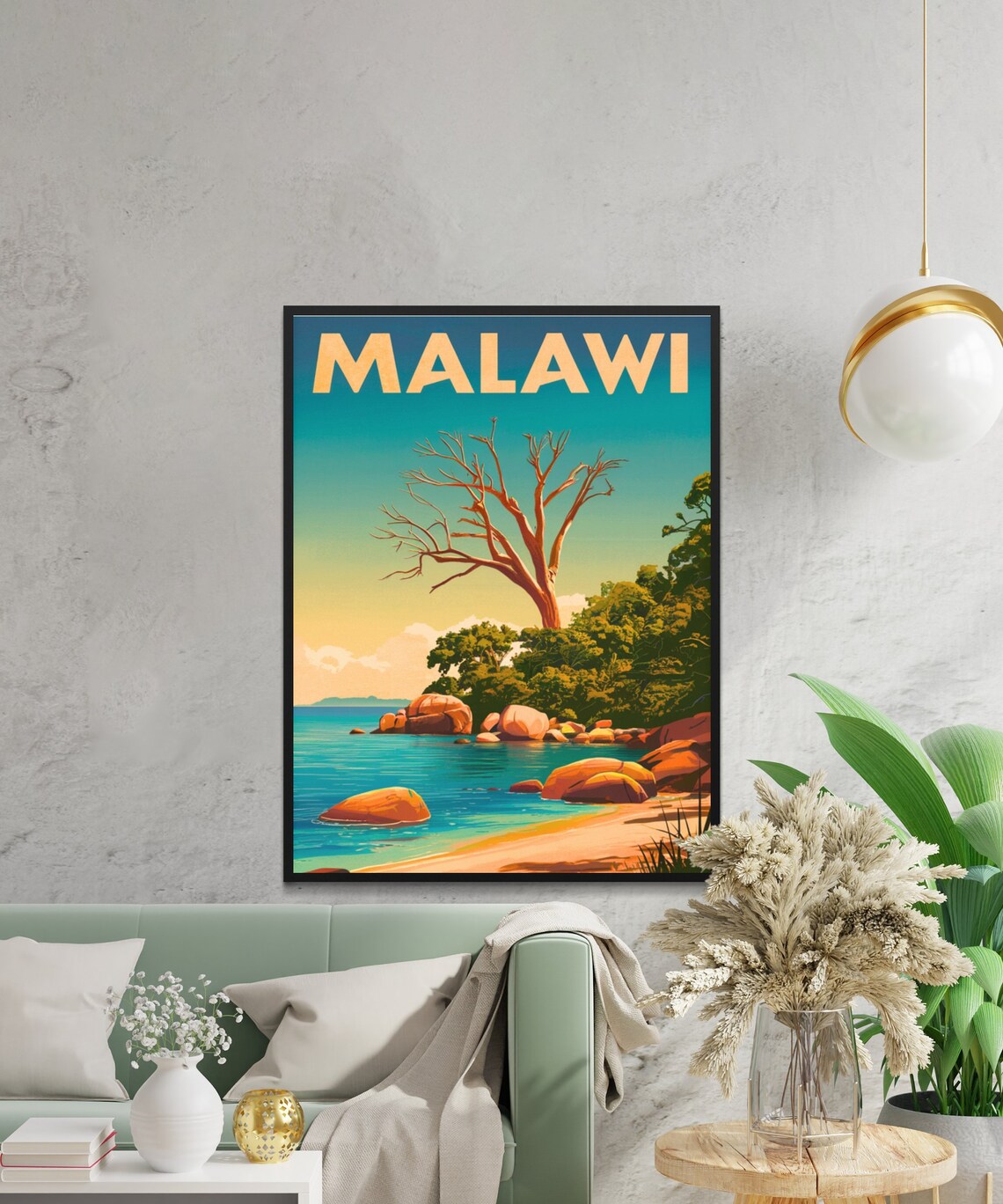 Malawi Africa Baobab Tree Lakeshore Golden Sunset Travel Poster - Image 2
