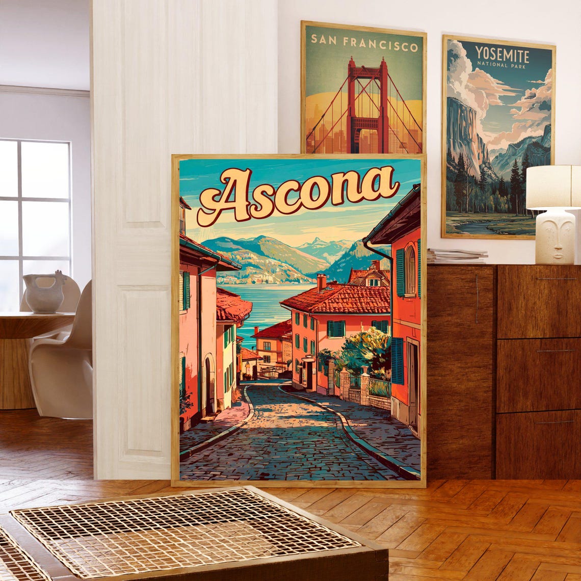 Ascona Vintage Travel Poster Retro Script Cobblestone Street Lake View - Image 5