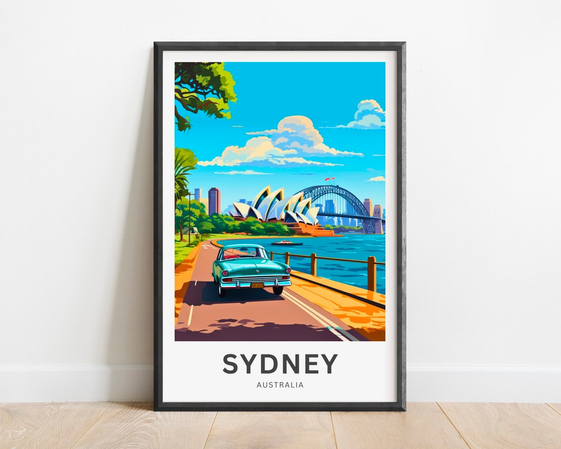 Sydney Australia Opera House Harbour Bridge Vintage Car Travel Poster