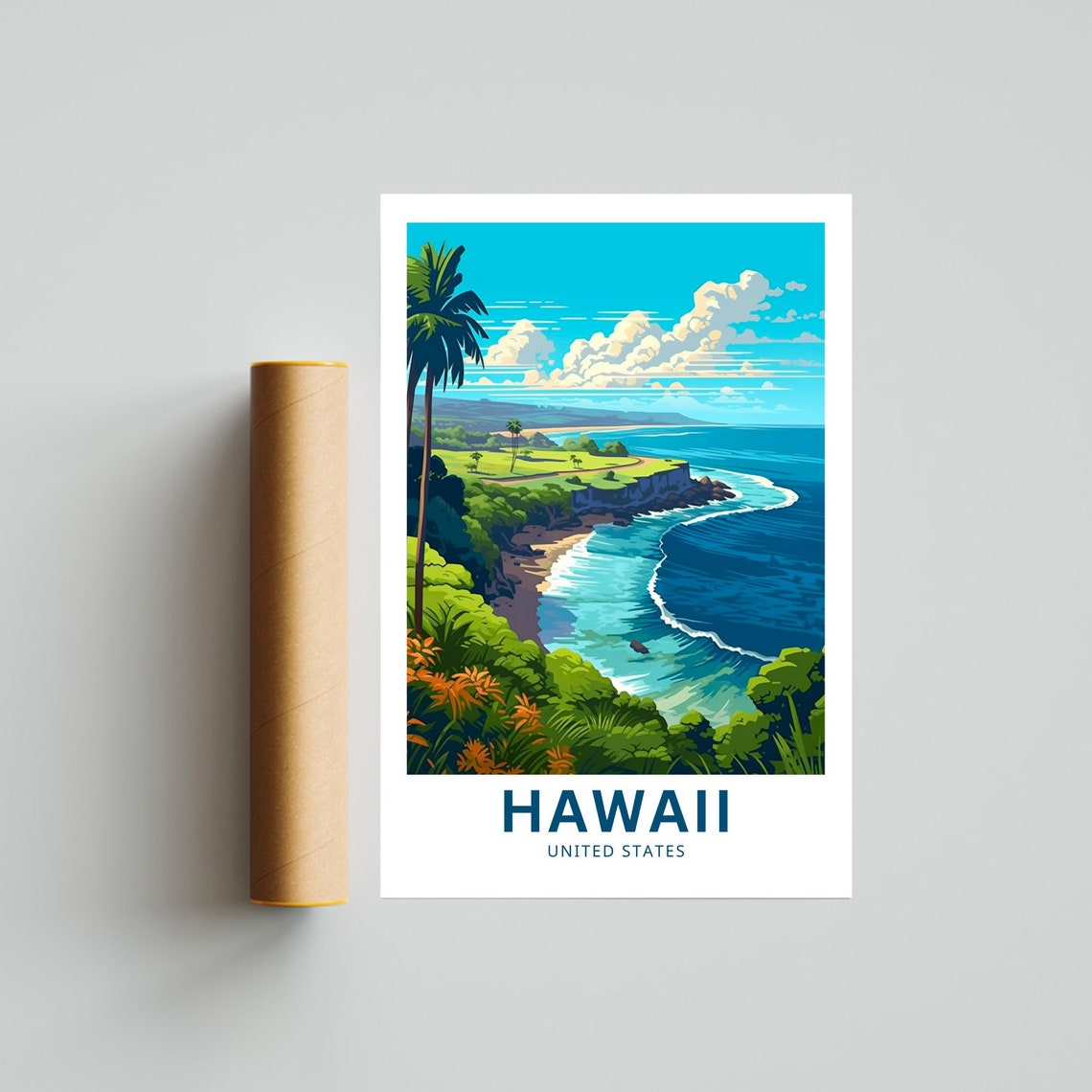 Hawaii Tropical Coastline Palms Surf Beach Travel Poster Gift - Image 4