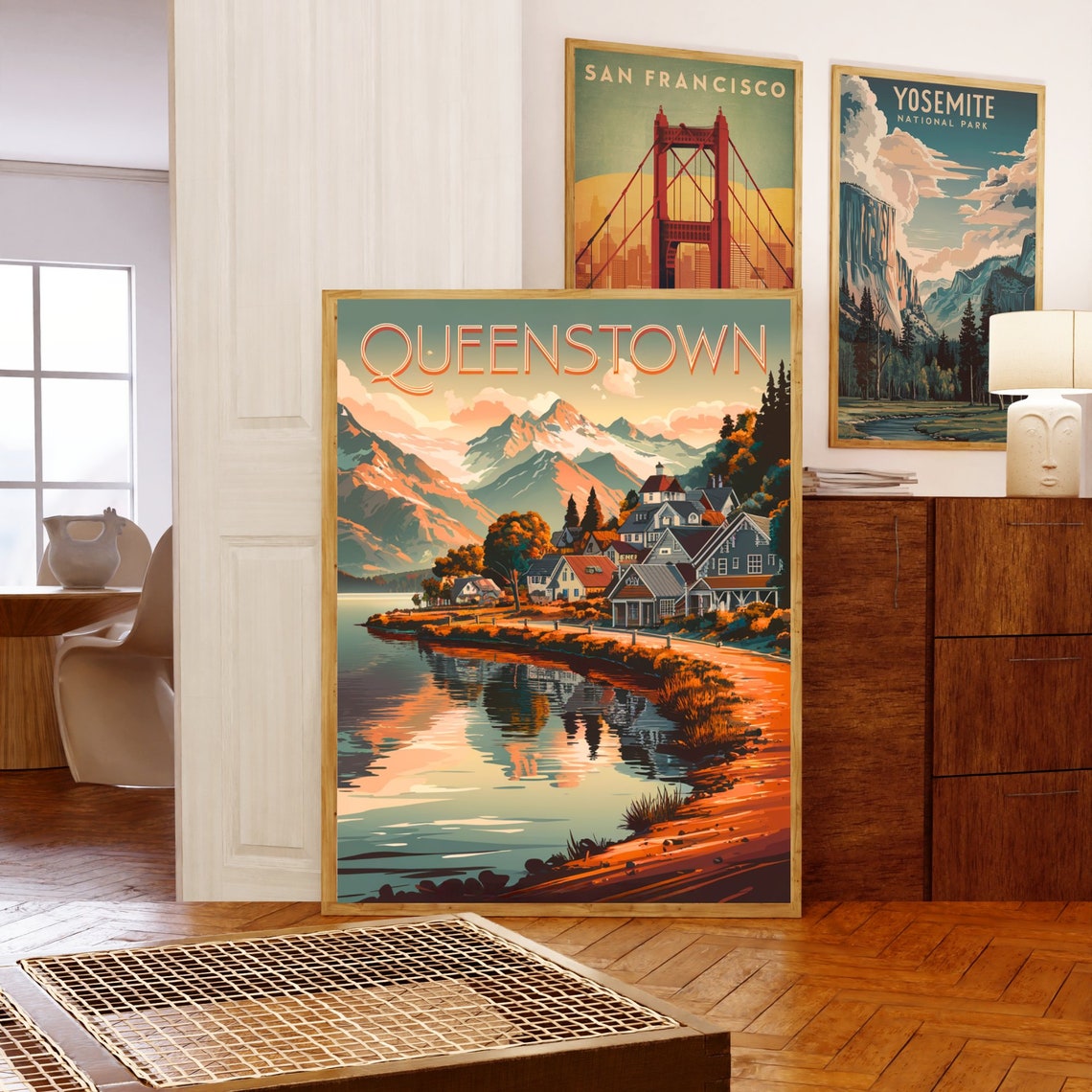 Queenstown New Zealand Vintage Lakeside Town Reflection Poster - Image 5