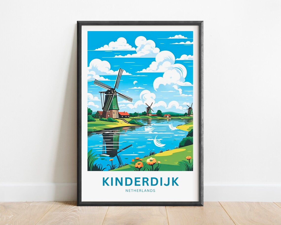 Kinderdijk Netherlands Travel Poster Windmills Canal Countryside Scenic Art
