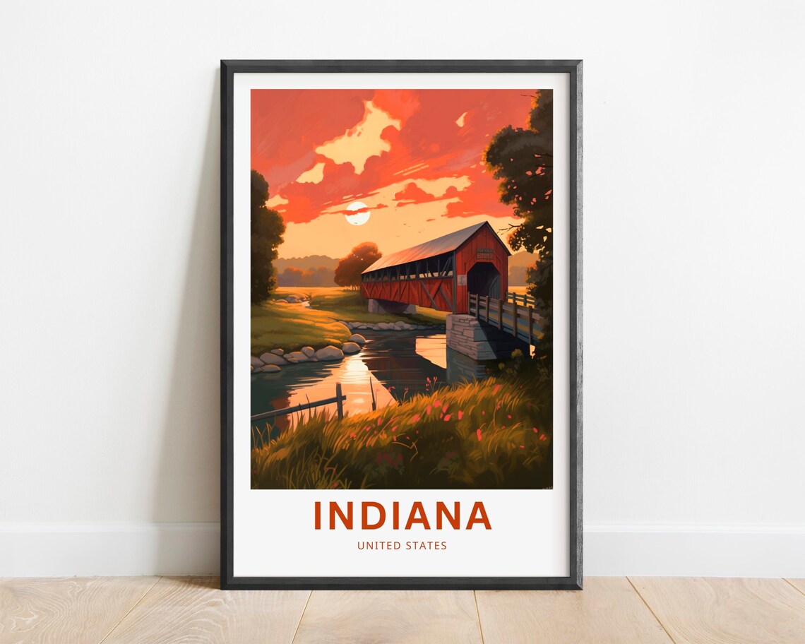 Indiana Covered Bridge Sunset Creek Vintage Travel Poster USA