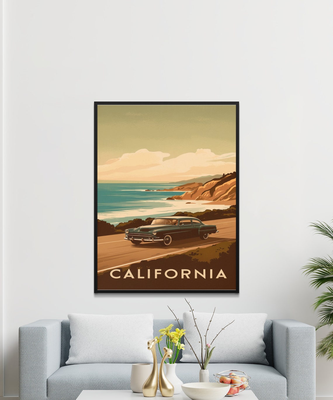 California Coastal Drive Vintage Green Classic Car Travel Poster