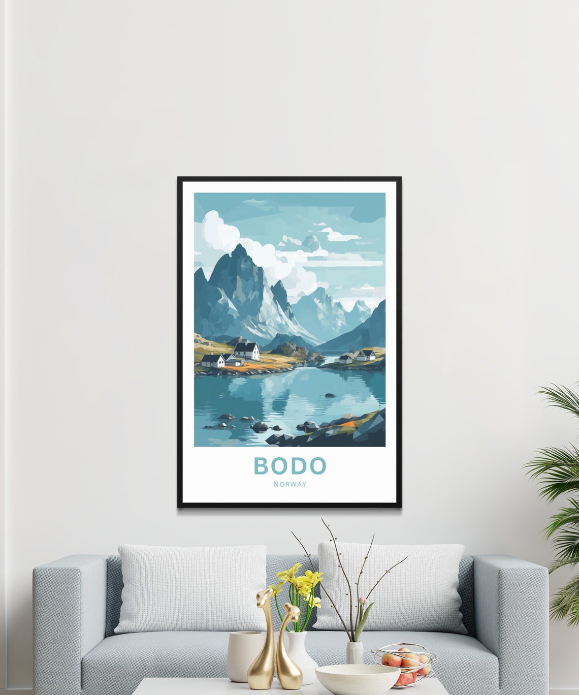 Bodo Norway Arctic Lakeside Cabins Rugged Mountain Travel Poster - Image 3