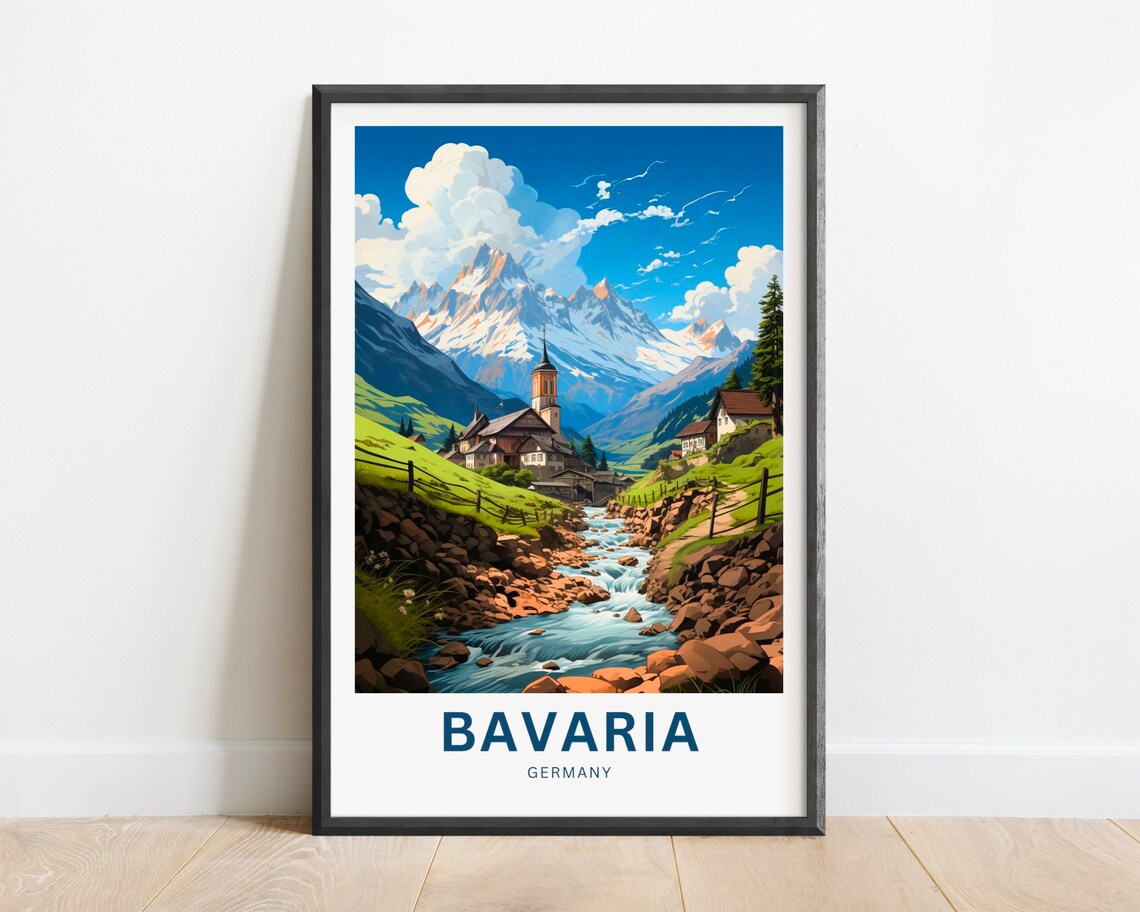 Bavaria Germany Alpine Village Church Mountain Stream Travel Poster