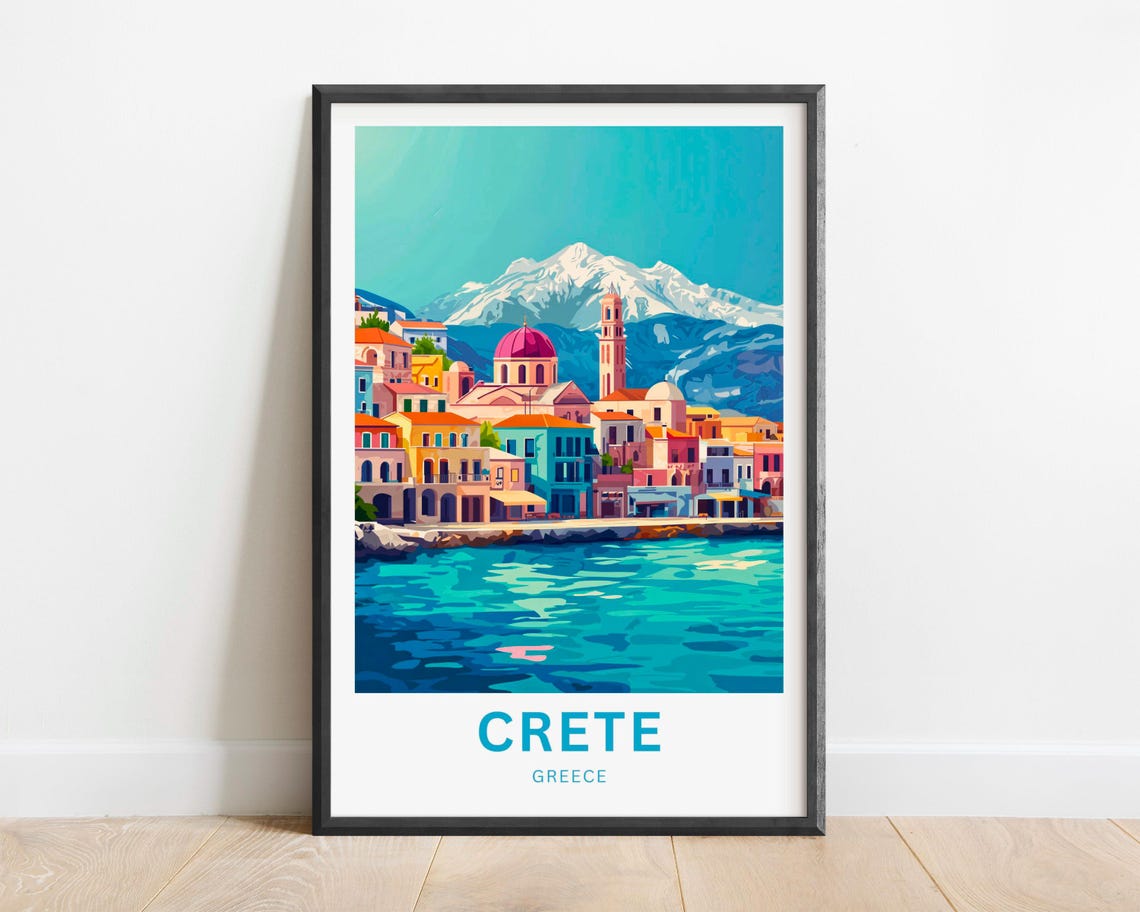 Crete Greece Colorful Coastal Town Snowy Mountain Lively Poster