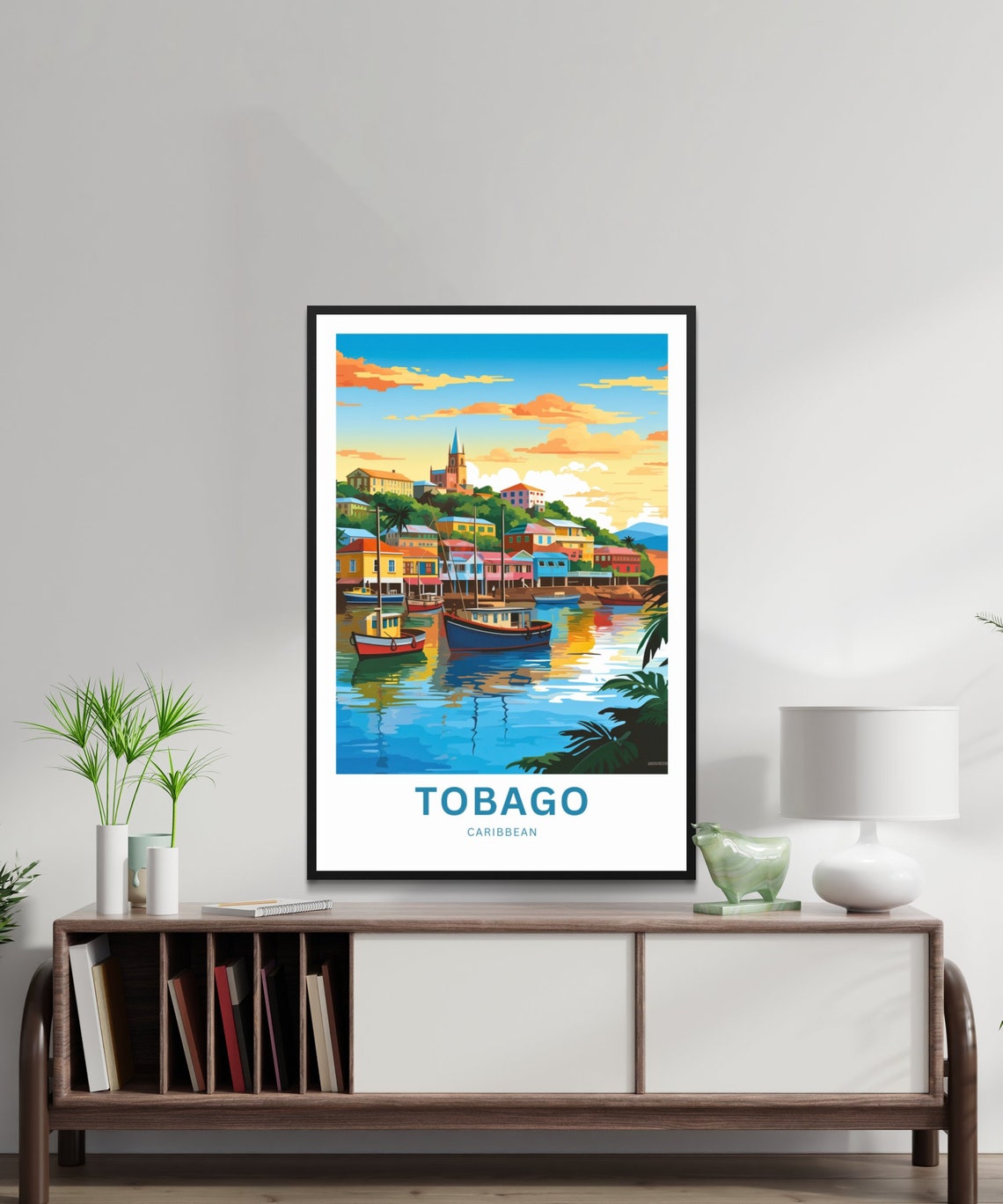 Personalized Tobago Caribbean Harbor Sunset Boats Travel Poster - Image 2