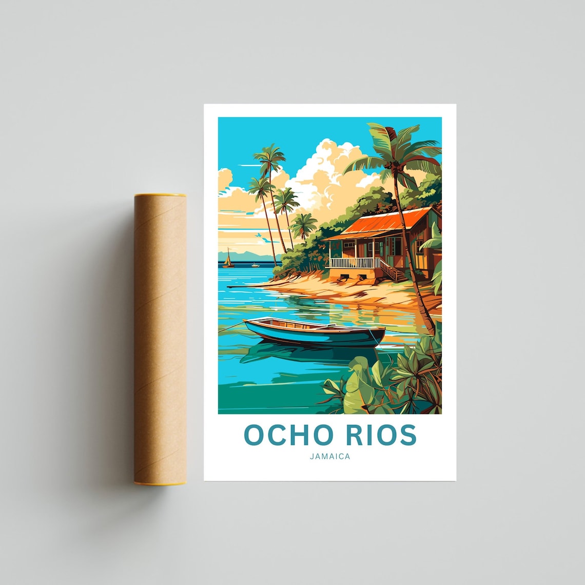 Ocho Rios Jamaica Beach Hut Fishing Boat Palms Travel Poster - Image 4