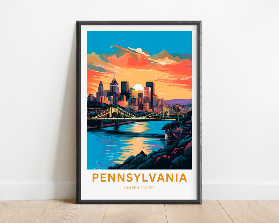 Pennsylvania Pittsburgh Skyline Bridges Sunset River Travel Poster