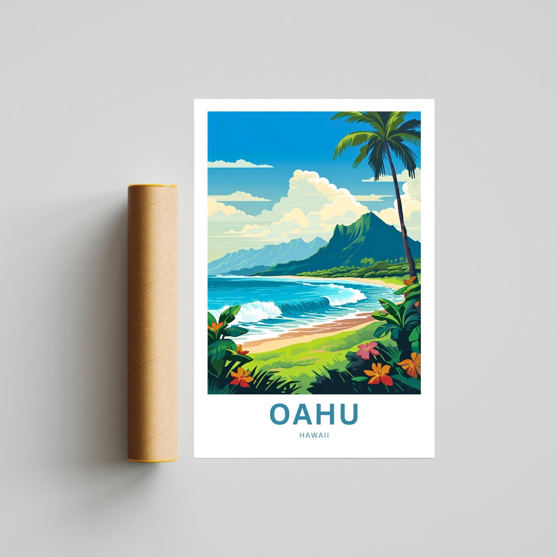 Oahu Hawaii Tropical Beach Palm Trees Mountain Waves View Poster - Image 4