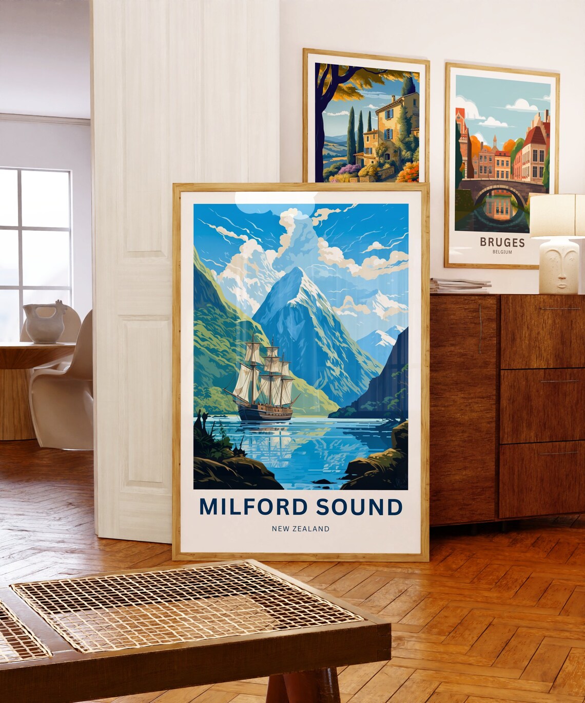 Milford Sound New Zealand Tall Ship Green Hills Mountain Travel Poster - Image 5