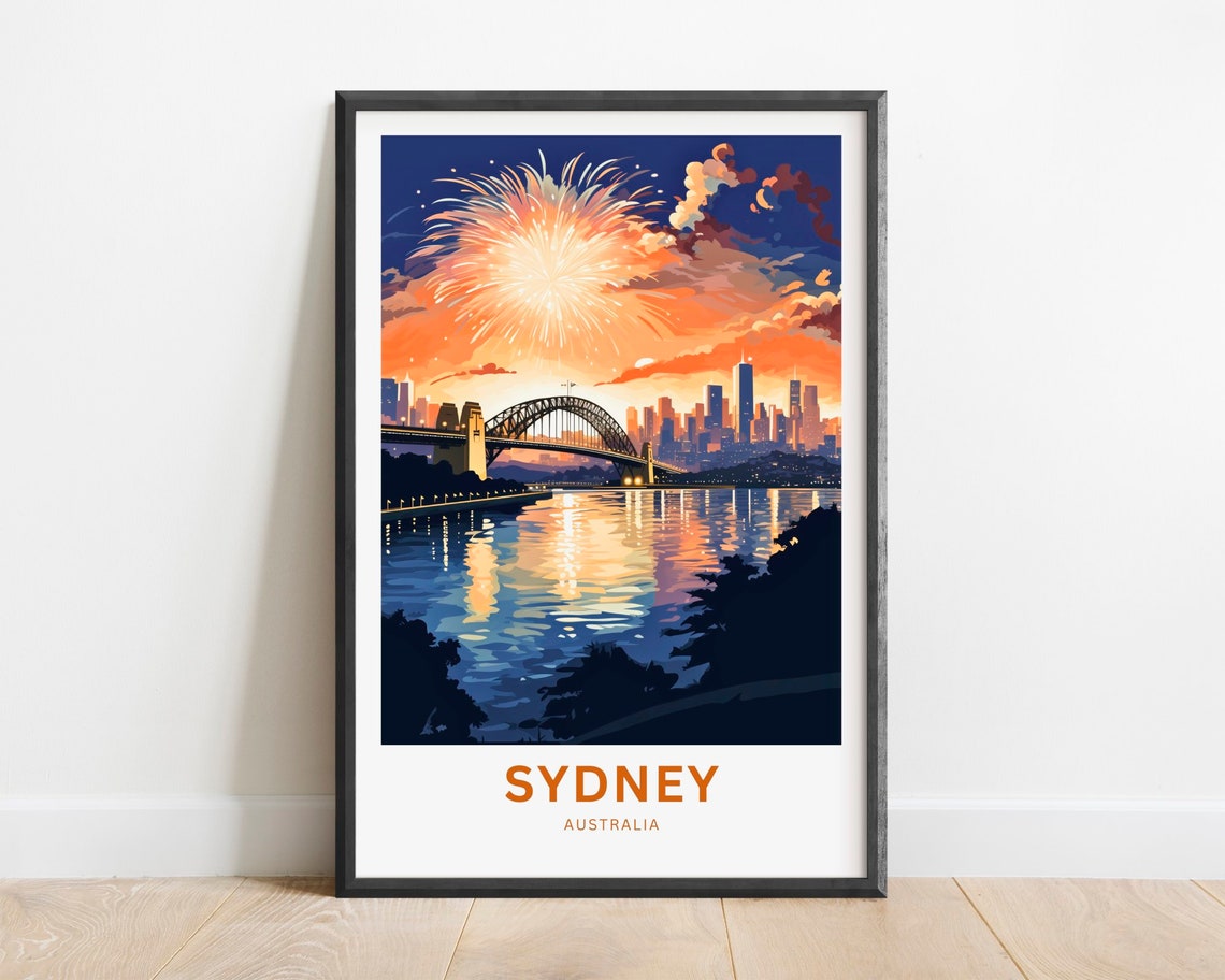 Sydney Australia Harbour Bridge Fireworks Sunset Travel Poster