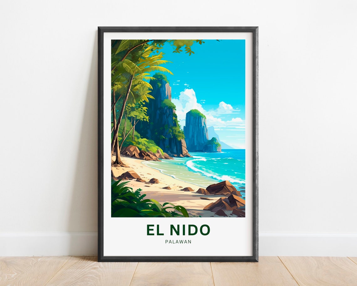 El Nido Palawan Tropical Beach Cliffs Palm Trees Vintage Poster